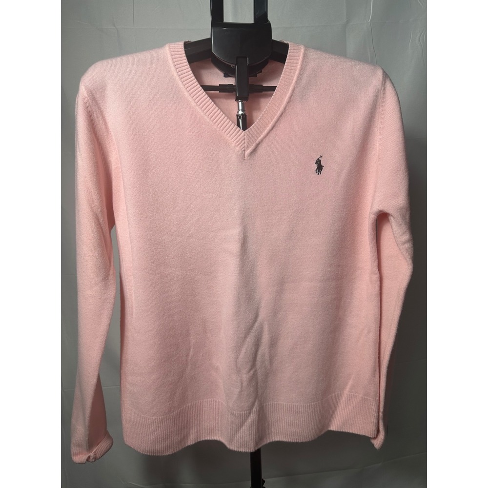Polo Ralph Lauren Pink 100% Cashmere V-Neck Sweater Navy Pony Logo XL Womens